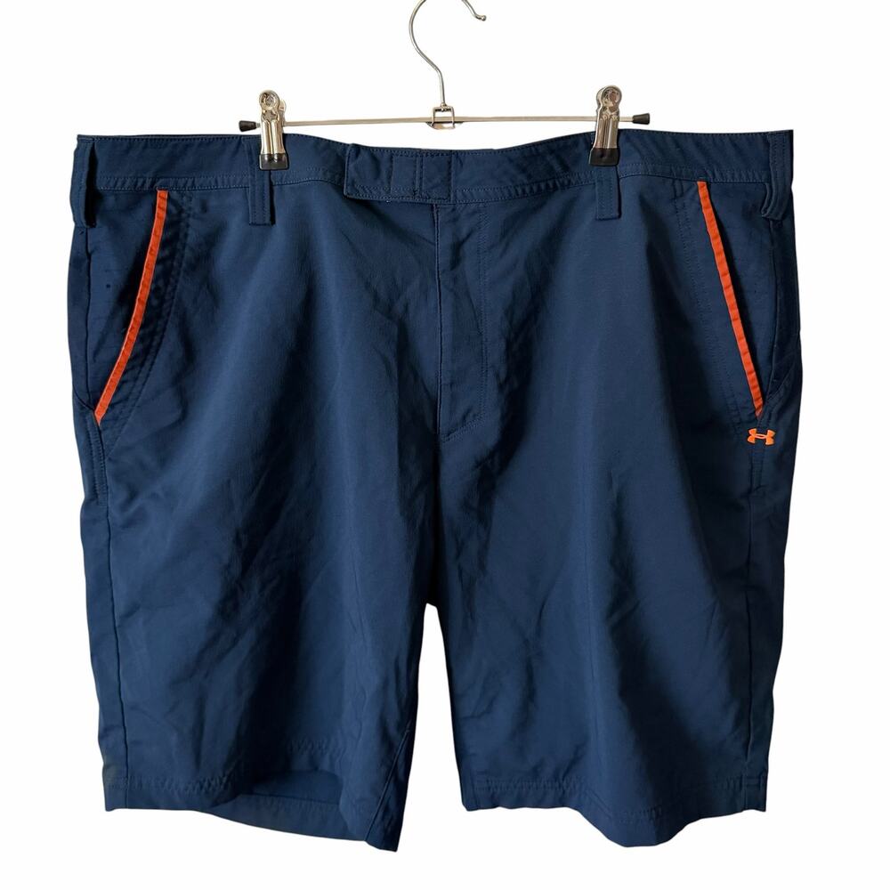 UA Under Armour Mens Size 42 Casual Shorts Flat Front Blue Orange Stretch Pocket